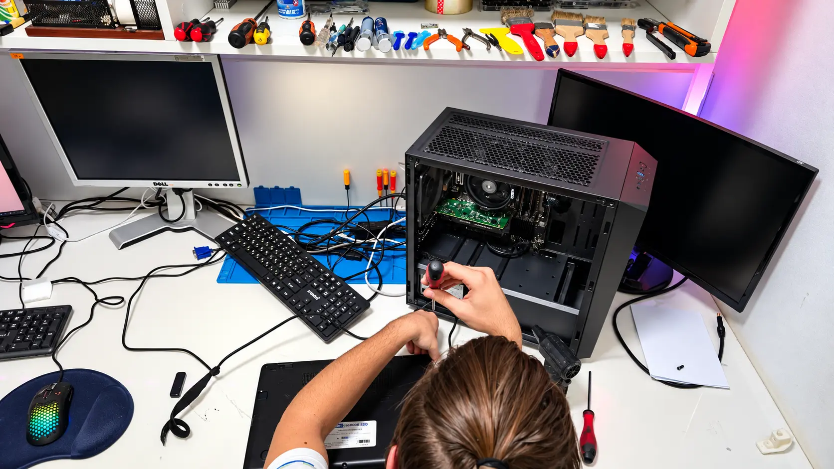 Техник ремонтира настолен компютър в сервиза на Cros Computers в София